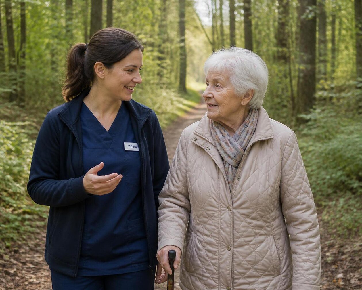 Seniorin geht mit Betreuerin gemeinsam im Park spazieren